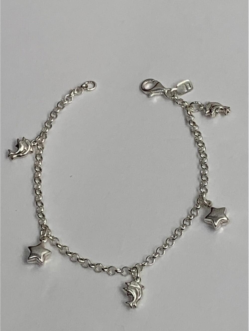 Sterling Silver .925 Italy stamped 7.5" Long Star&Dolphin Charm Bracelet - New